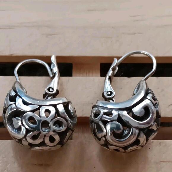 Jewelry - Floral Scroll Work Black and Silver Tone Lever Back Earring, Dangle